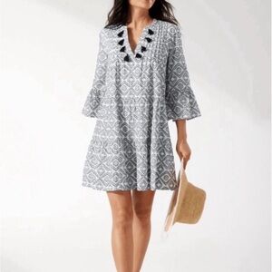 Tommy Bahama Dress Black & Creamy White Ruffle Sleeve Tassel Neckline Lined